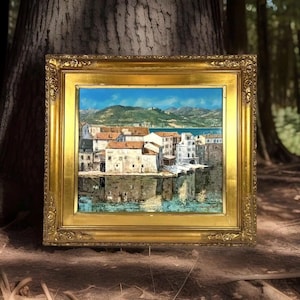 Japans vintage landschapsolieverfschilderij uit het midden van de eeuw, Corsica-schilderij, kustdorpschildering, antieke Japanse kunst, zeegezichtschildering,