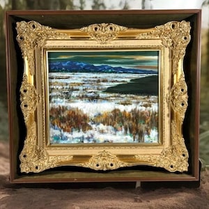 Vintage Japans olieverfschilderij "Winter of Ishikari" door Hideo Nishi 1986