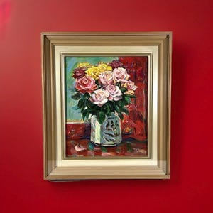 Japanese Modernist Floral still life oil painting, flower  oil painting, Roses in vase, Vintage Japanese oil painting, original oil on canva