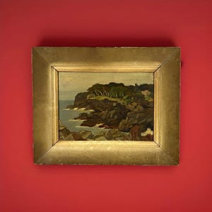 1953 Japans semi-antiek olieverfschilderij kustlandschap, landschapskunst rotsachtige kust, gesigneerde kunstwerken uit het Showa-tijdperk, antiek Japans decor