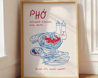 Pho Art Print, Vietnamese Noodle Poster, Food Print, Pho Vietnam Art, Vietnamese Food, Asian Food Illustration,  Printable Wall Art
