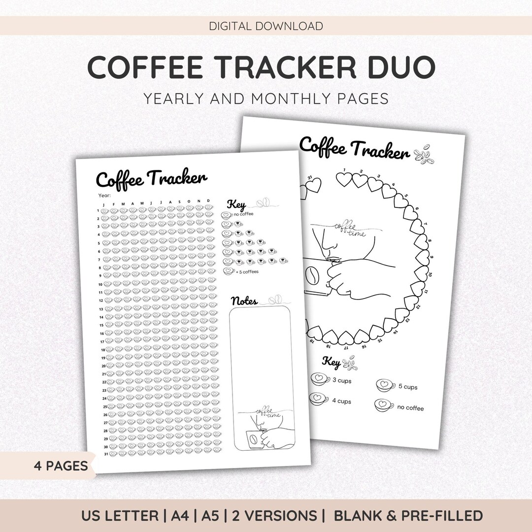 Yearly Coffee Tracker and Monthly Printable Tracker, Caffeine Tracker ...