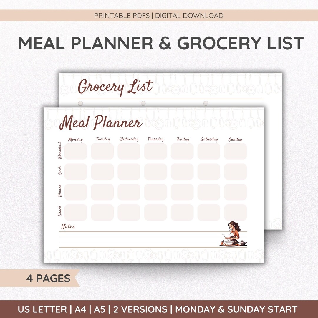 Weekly Meal Planner Grocery List Printable PDF Meal Prep Digital ...