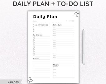 May include: A white daily planner and to-do list with the text "DAILY PLAN + TO-DO LIST". The planner includes sections for top priorities, a schedule, a to-do list, and notes. A white pen rests on the right side. The planner is available in US Letter, A4, and A5 sizes.