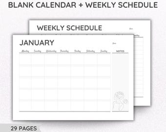 Leerer Kalender Druckbarer PDF Wochenplan Digitaler Download Montag & Sonntag Start, A4 A5 und US Letter Größen