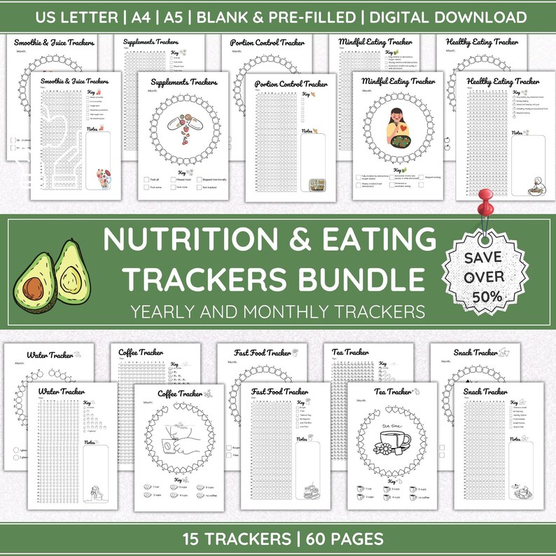Nutrition Trackers Bundle Printable Trackers Year in Pixels and Monthly ...