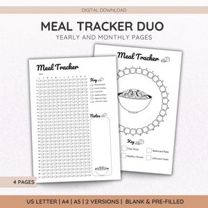 Rastreador de refeições anual e rastreador mensal para impressão, registro alimentar, rastreador de saúde digital para download em pixels A4, A5 e carta dos EUA
