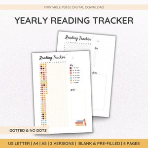 May include: Printable yearly reading tracker with two versions: dotted and no dots. The tracker includes a grid for each month of the year and a key to track the number of pages read. The tracker also includes a notes section.