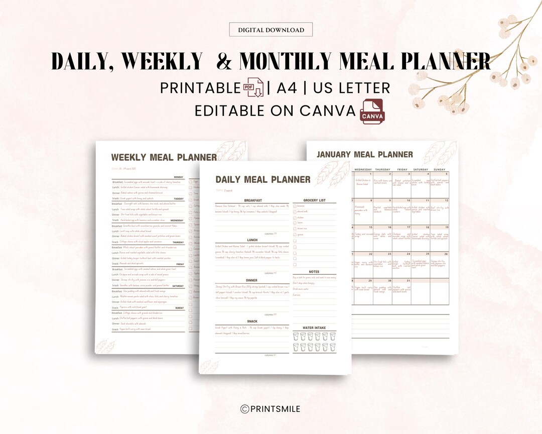 Daily, Weekly & Monthly Meal Planner Bundle Canva Template Grocery List ...