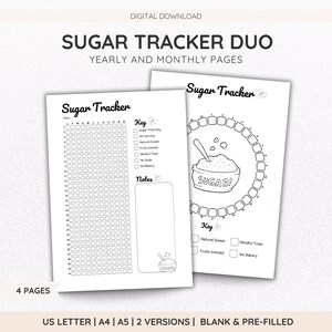 以下が含まれることがあります： 「Sugar Tracker Duo」と「Yearly and Monthly Pages」の文字が入った、2枚の白い印刷可能なページ。1ページは追跡用のグリッド、もう1ページは砂糖のボウルのグラフィックです。「Sugar Tracker」、「Key」、「Notes」の文字が含まれています。