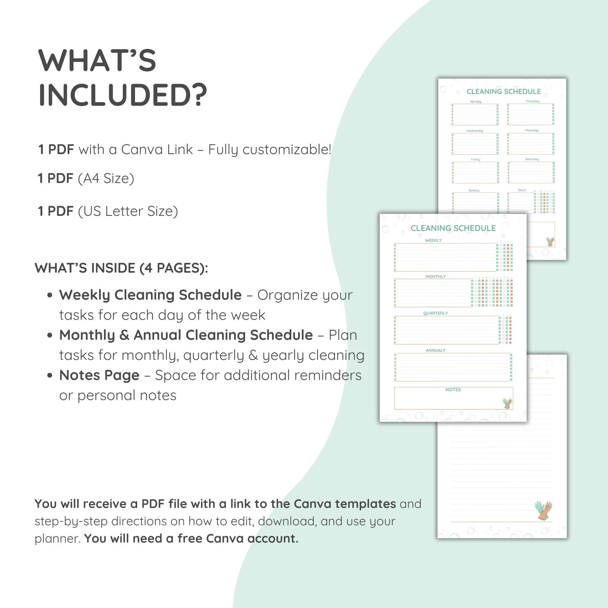 Cleaning Schedule Canva Template Cleaning Planner Printable PDF Weekly ...