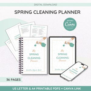 Plantilla editable de Canva para planificador de limpieza de primavera. Listas de verificación y horarios de limpieza para personas con TDAH. Imprimibles. Tamaños A4 y Carta (descarga digital).