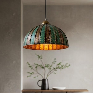 Copper Dome Pendant Lamp, Unique Oxidized Farmhouse Light Fixture, Handmade Green Patina Light, kitchen island Light, Farmhouse lighting