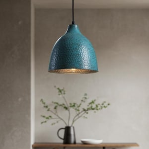 Éclairage de cuisine de style campagnard moderne patiné bleu, plafonnier suspendu en cuivre, suspension de cuisine avec îlot, lampe dôme marteau