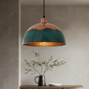 Plafonnier dôme en cuivre patiné bleu clair, suspension moderne, abat-jour dôme, éclairage d&#39;îlot de cuisine, éclairage de ferme en cuivre
