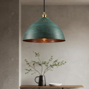 Oxidized Solid Copper Pendant Light, Kitchen Island Hanging Light Fixture, Handmade Green Patina Light, Ceiling Dome Pendant Light