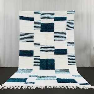 Blue Moroccan Rug, Handmade Beni Ourain Rugs, Custom Morrocan Rug, Berber Carpet, Blue And White Rug, Area Rug