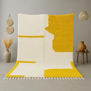 Yellow Moroccan Rug, Custom Beni Ourain Rug, Yellow Wool Rug, Berber Carpet, White And Yellow Rug, Handmade Rug