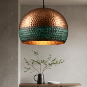 Oxidized Copper Dome Hanging Light, Copper Dome Pendant Lamp, Ceiling Dome, Rustic decor, Farmhouse lighting, Green Pantina Light