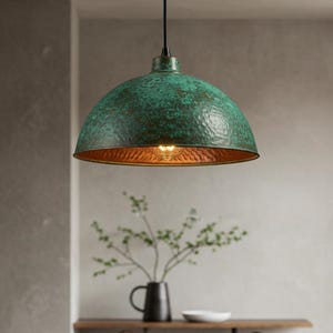 Green Patina Copper Dome Pendant Light, Handmade Oxidized Copper Pendant Light, Copper Kitchen Island Hanging Lamp, Rustic chandelier