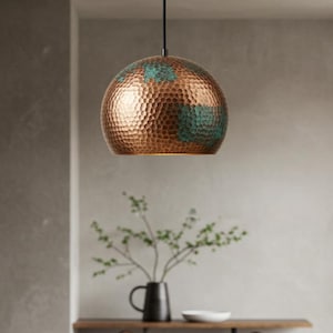 Oxidized Pendant Copper Patina Lamp, Copper Dome Ceiling Lamp for Kitchen Island, Dome Pendant Light, Green Light Fixture