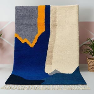 Handmade Wool Rug, Moroccan Blue Rug, Berber Area Rug, Sheep Wool Rug, Blue And White Rug