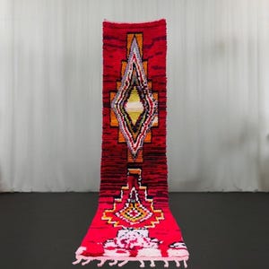Moroccan Boujaad Runner Rugs Red, Morrocan Hallway Rug, Berber Runner Rug, Custom Area Rug, Abstract Rug, Bohemian Wool Rug, Runner Rug Red