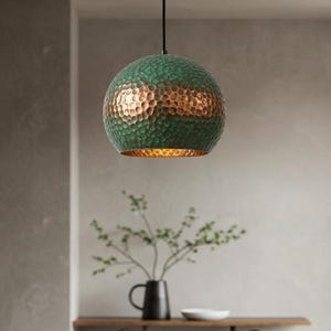 Copper Dome Ceiling Lamp for Kitchen Island, Dome Pendant Light, Oxidized Pendant Copper Patina Lamp, Green Light Fixture