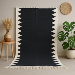Fabulous Kilim Rugs Black, Custom Moroccan Rug, Handcrafted Wool Art, Black And White Rug, Flat Area Rugs, Plain Rug