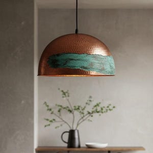 Oxidized Dome Ceiling Light, Brass dome Copper Pendant Light, Green Light Fixture, Copper Dome Ceiling Lamp for Kitchen Island
