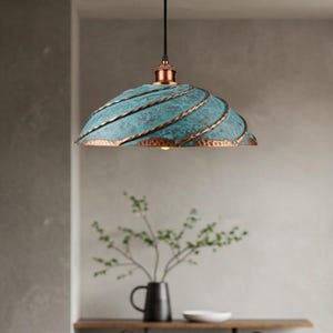 Lampe à suspension ombrée patine bleue , Lampe à suspension dôme , Plafonnier en cuivre , Lampe d&#39;îlot de cuisine , Abat-jour dôme moderne