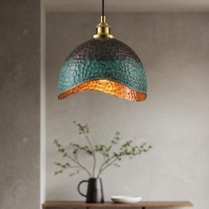Hammerd Dome Lamp, Modern Copper Dome Pendant Lamp Blue Patina, Ceiling Dome Lamp, Copper Dome Light fixture, Rustic Chandelier