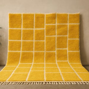 Personalized Moroccan Rug Yellow, Morrocan Checkered Rug, Minimalist Rug, Soft Wool Rug, Solid Yellow Rug, Beni Ourain Rug