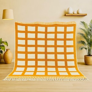 BENI OURAIN RUG, Moroccan Orange Rug, Checkered Rug, Orange And White Rug, Handmade Wool Rug, Custom Size