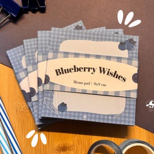 Blueberry Wishes memoblok – schattig notitieblok met blauwe gingham-ruit van 9 x 9 cm | 25 vellen | Esthetisch briefpapier voor logboeken, notities en lijsten