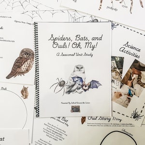 May include: A spiral-bound book titled "Spiders, Bats, and Owls! Oh, My!" with illustrations of a spider, owl, and bat. Surrounding the book are various educational printables with spider web and owl graphics, and the words "Science Activities".