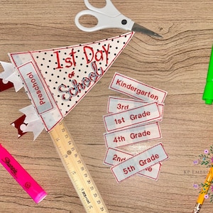 First Day of School Pennant | Reusable Felt Photo Prop | Back to School Sign with Interchangeable Grade Labels | Embroidered Keepsake Flag