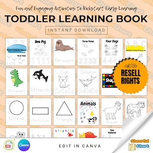 May include: A printable toddler learning book with black and white illustrations of animals, shapes, numbers, and letters. The book includes activities like tracing and coloring. The book is available for instant download and can be edited in Canva. The book includes the text "Toddler Learning Book" and "Instant Download".