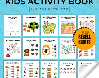 May include: A colorful kids' activity book with various educational games and puzzles. The cover features the text "Hours of Fun & Learning KIDS ACTIVITY BOOK INSTANT DOWNLOAD". Includes mazes, matching games, and coloring pages. The book has "WITH RESELL RIGHTS".