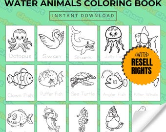 May include: Black and white coloring pages featuring various sea creatures, including an octopus, swan, shark, jellyfish, clown fish, puffer fish, sea turtle, angler fish, killer whale, and more. The pages are labeled with the name of each creature. The text "WITH RESELL RIGHTS" is in a yellow circle at the top right corner of the image. The text "EDIT IN CANVA" is at the bottom of the image.