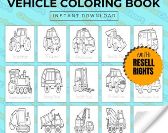 May include: A black and white coloring book featuring 12 different vehicles, including a tractor, taxi, police car, sports car, steam locomotive, garbage truck, forklift, off-road truck, fire truck, excavator, dump truck, and cement mixer. The book is titled "Vehicle Coloring Book" and includes the text "Instant Download" and "Edit in Canva".