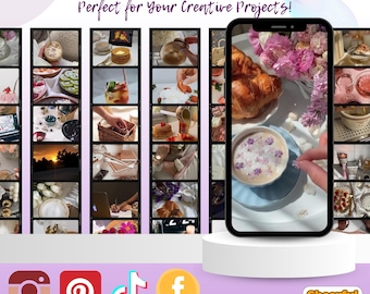 Op de afbeelding: Een collage van 1.500 gezichtsloze video's, perfect voor creatieve projecten. De video's tonen een verscheidenheid aan scènes, waaronder eten, drinken, bloemen en natuur. De tekst "1.500 gezichtsloze video's" en "Perfect voor je creatieve projecten!" wordt bovenaan de afbeelding weergegeven. Social media-pictogrammen voor Instagram, Pinterest, TikTok en Facebook worden onderaan de afbeelding weergegeven.