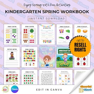 Peut inclure: Un cahier d'exercices de printemps pour la maternelle avec diverses pages d'activités, notamment le comptage, le vocabulaire et l'écriture de phrases. La couverture présente un enfant dans un jardin. Avec le texte "Téléchargement instantané" et "Modifier dans Canva".
