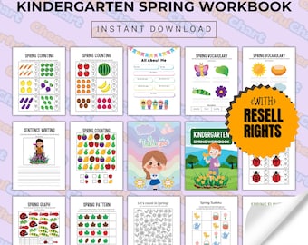 Libro de ejercicios de primavera para jardín de infantes, plantilla PLR y MRR lista para revender, hojas de trabajo de escritura imprimibles para niños de primaria, recurso didáctico