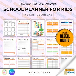 Bearbeitbarer Kinderschulplaner - Druckbarer Lernkalender mit Checklisten für Hausaufgaben & Chore, PLR- und MRR-Vorlage, Bearbeitung in Canva, DFY-Vorlage