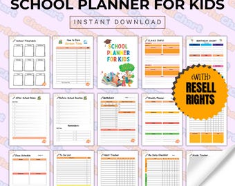 Editable Kids School Planner – Printable Study Calendar with Homework & Chore Checklists, PLR and MRR Template, Edit in Canva, DFY Template