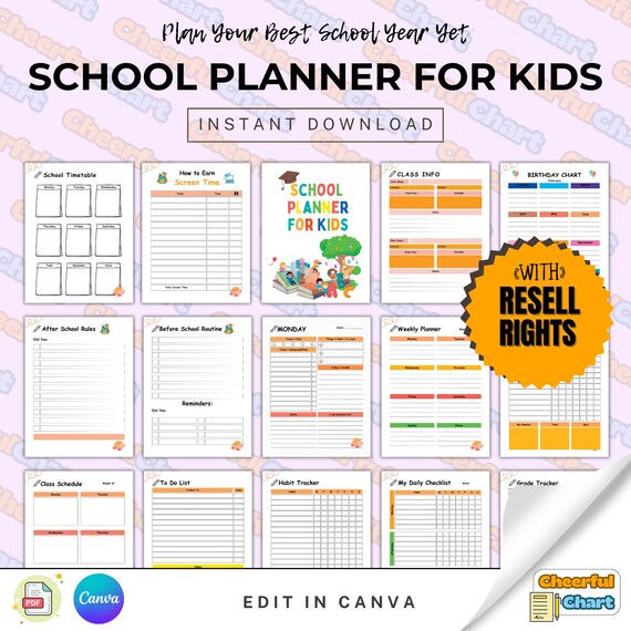 Editable Kids School Planner – Printable Study Calendar with Homework & Chore Checklists, PLR and MRR Template, Edit in Canva, DFY Template