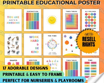 Set of Adorable Educational Posters, Neutral Montessori Classroom Decor, Playroom, Homeschool Learning Prints, Homeschool Printable Toddler