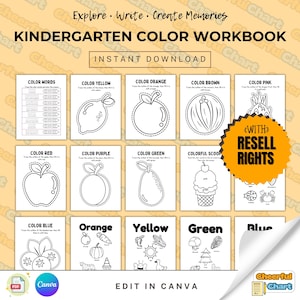 Può includere: Un quaderno di lavoro stampabile in bianco e nero per bambini della scuola materna per imparare i colori. Il quaderno di lavoro include attività di tracciamento, pagine da colorare ed esercizi di riconoscimento delle parole. Il titolo del quaderno di lavoro è "Kindergarten Color Workbook". Il testo "With Resell Rights" è in un'esplosione di stelle gialla.