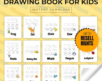 May include: A printable drawing book for kids featuring 12 different animals, including a frog, cat, chick, cow, koala, honey bee, whale, penguin, ladybug, rabbit, fish, and elephant. Each animal is illustrated with a step-by-step guide to help kids learn how to draw them. The book is available for instant download and can be edited in Canva. The text "WITH RESELL RIGHTS" is in a red circle on the image.